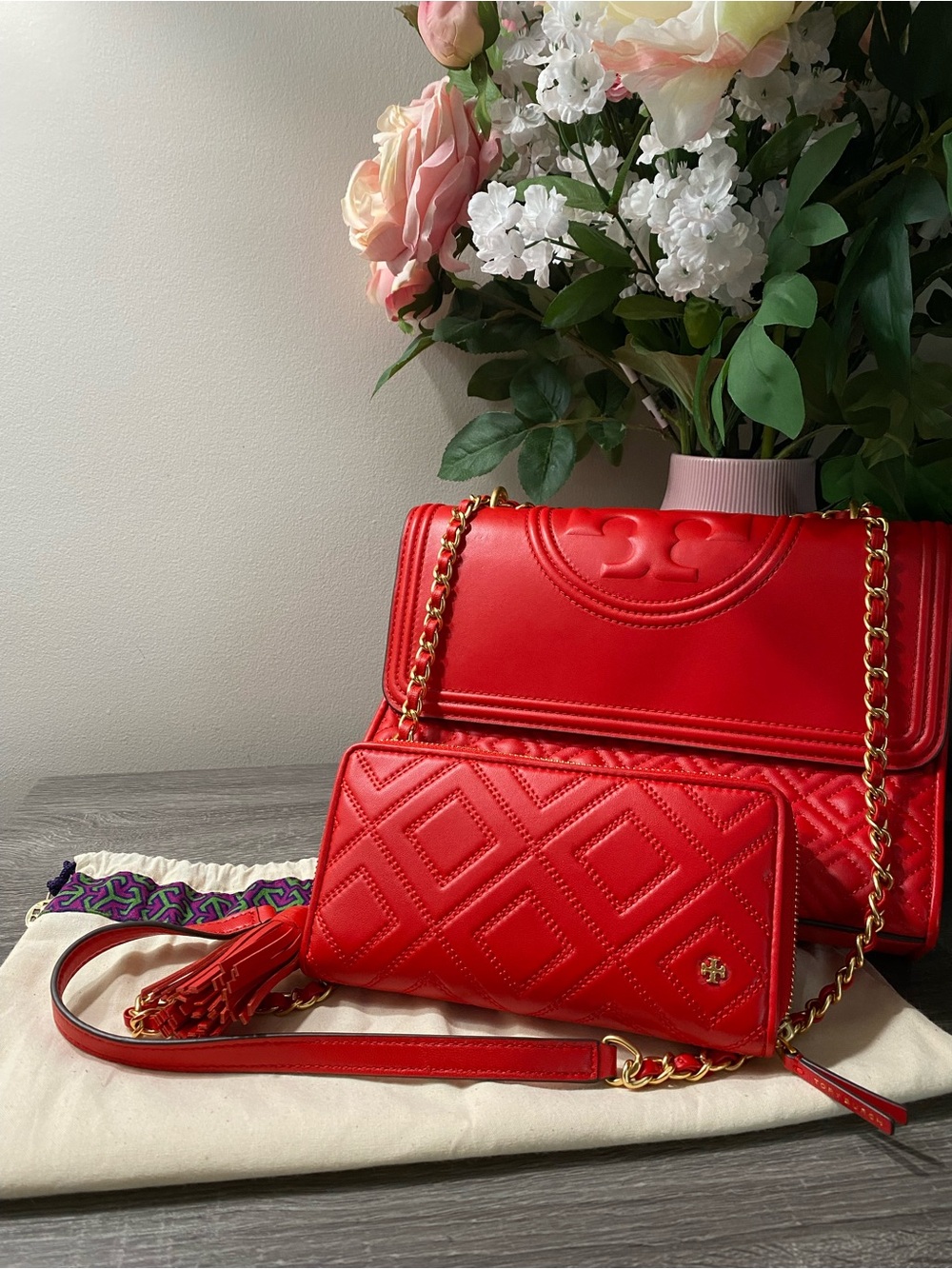 Tory Burch Red Quilted Fleming Leather Shoulder Bag with Gold Chain and Wallet